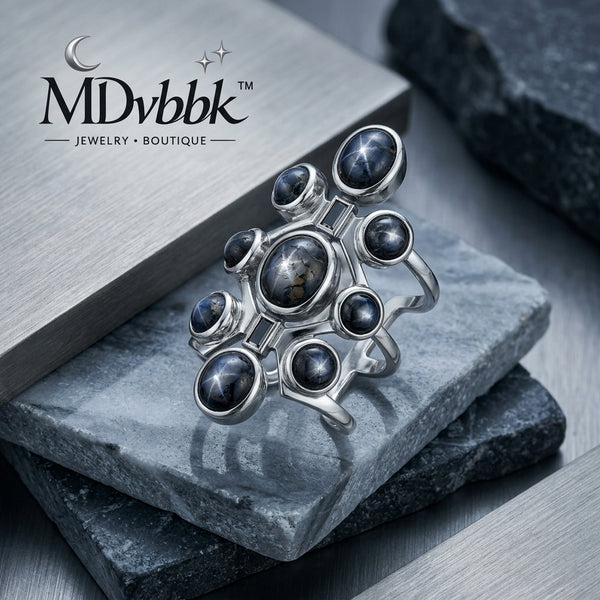 MDvbbk Silver-Tone Multi-Stone Statement Ring with Dark Cabochon Details