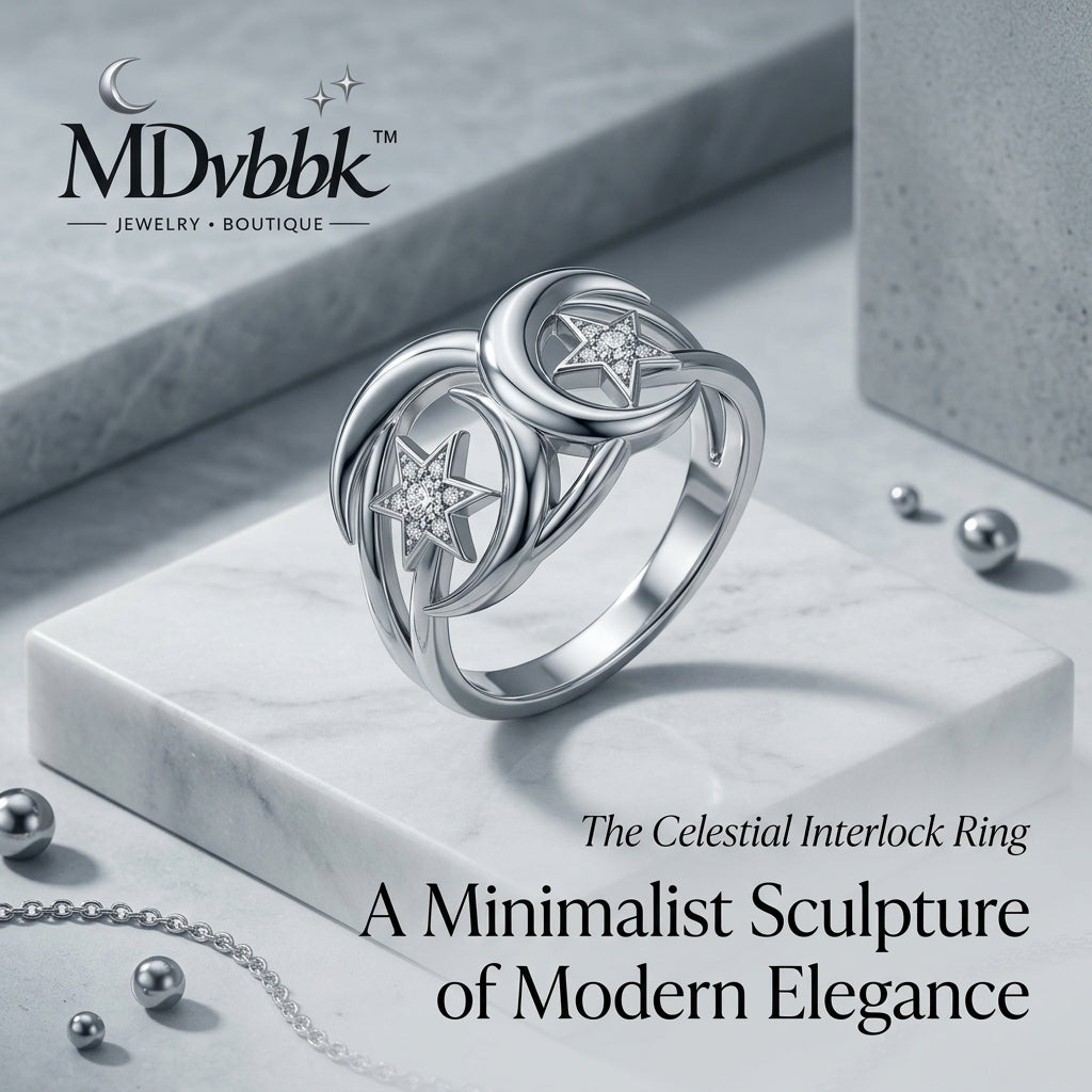 *MDvbbk Celestial Interlock Star Ring – Silver-Tone Crescent Band*