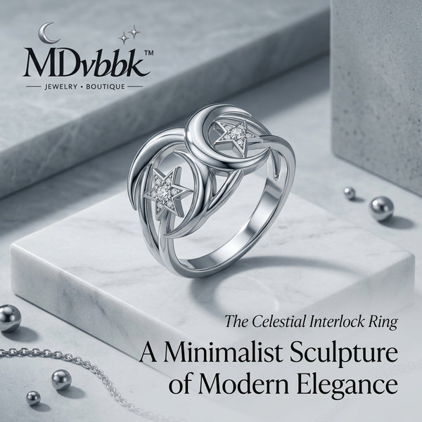 *MDvbbk Celestial Interlock Star Ring – Silver-Tone Crescent Band*