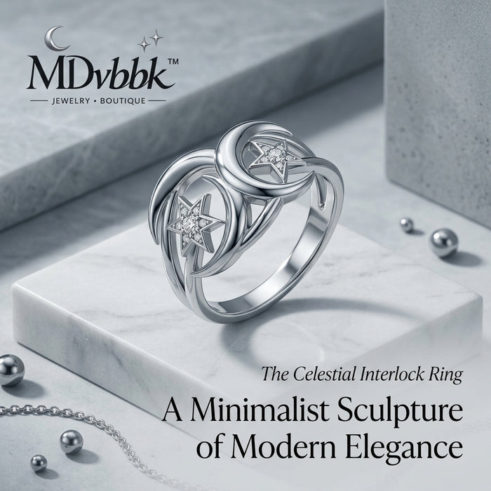 *MDvbbk Celestial Interlock Star Ring – Silver-Tone Crescent Band*