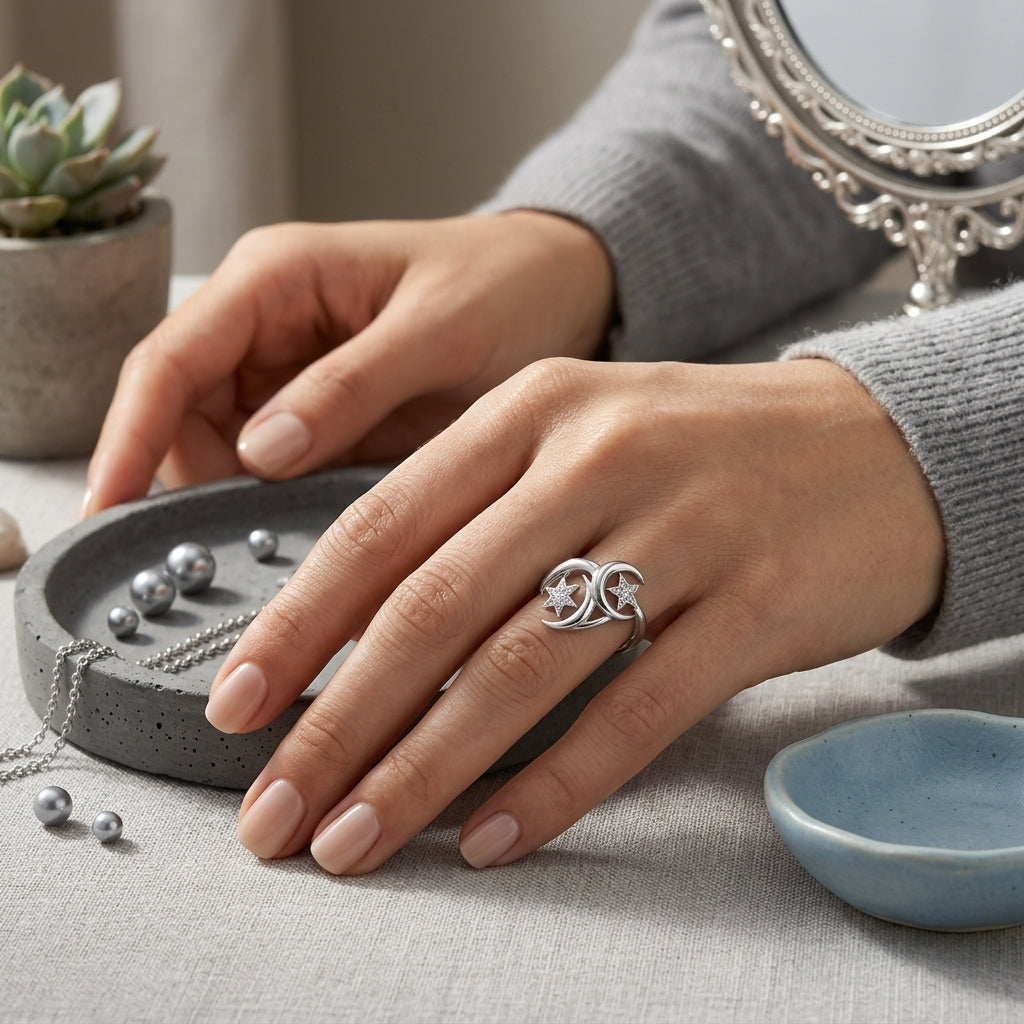 *MDvbbk Celestial Interlock Star Ring – Silver-Tone Crescent Band*