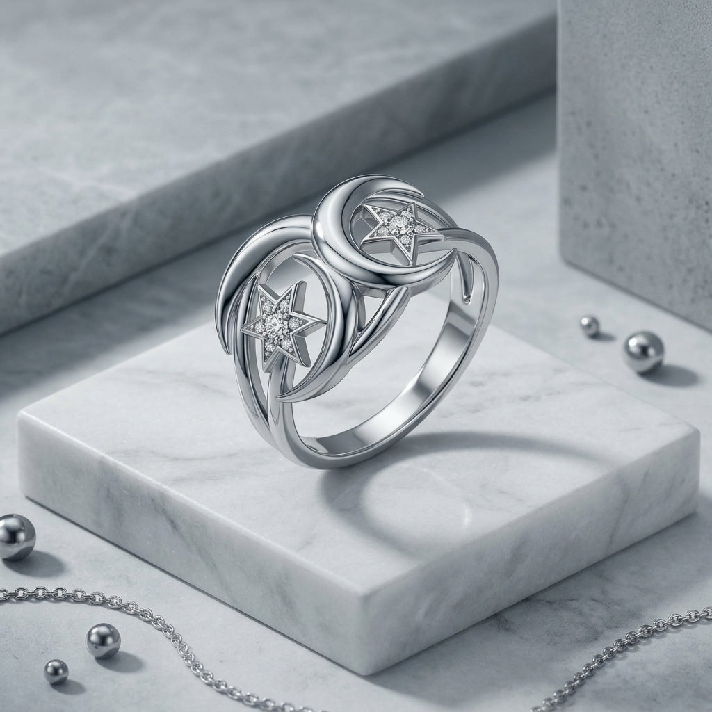 *MDvbbk Celestial Interlock Star Ring – Silver-Tone Crescent Band*