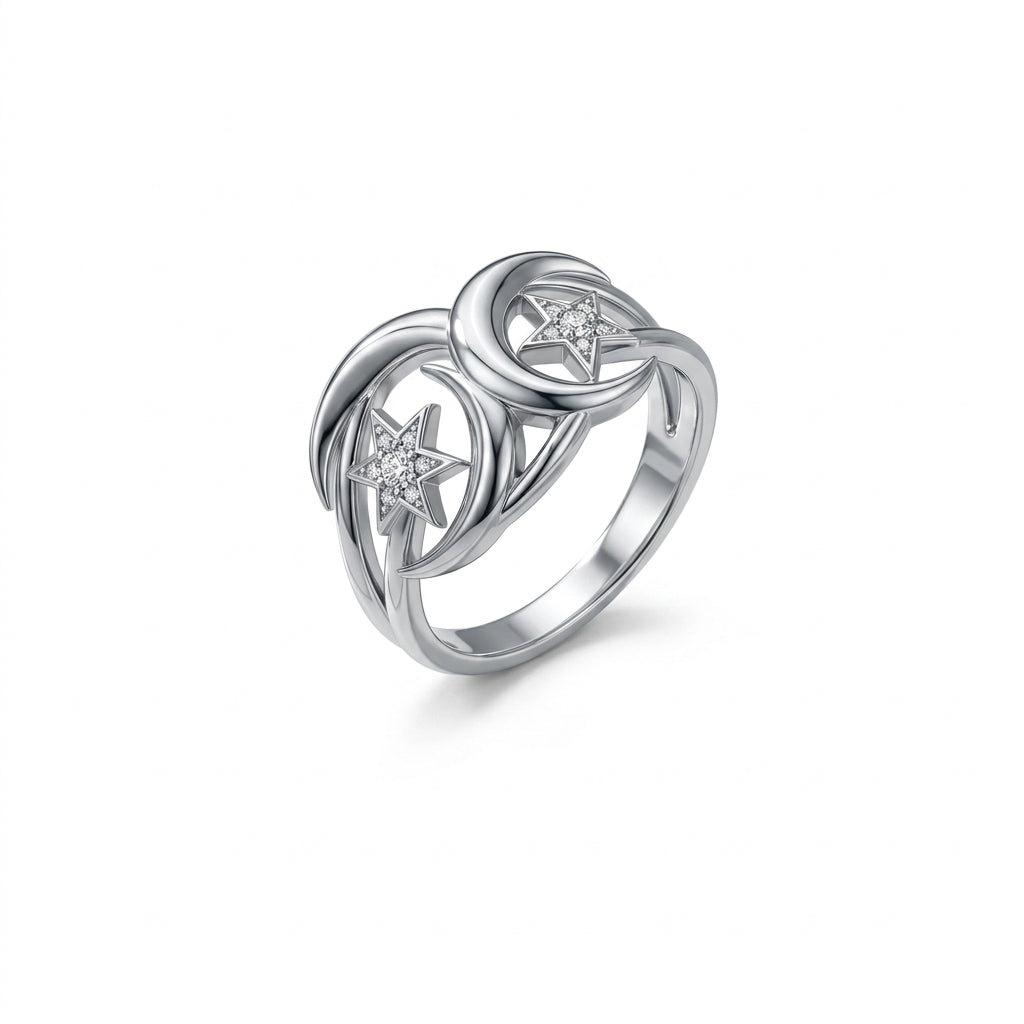*MDvbbk Celestial Interlock Star Ring – Silver-Tone Crescent Band*