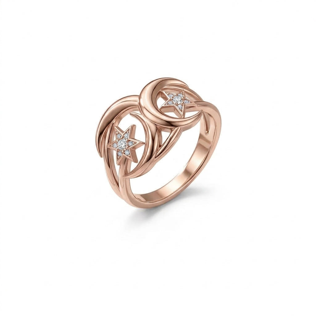 *MDvbbk Celestial Interlock Star Ring – Silver-Tone Crescent Band*