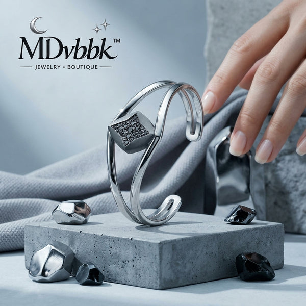 *MDvbbk Women’s Silver-Tone Geometric Open Cuff Bracelet with Black Pavé Detail*