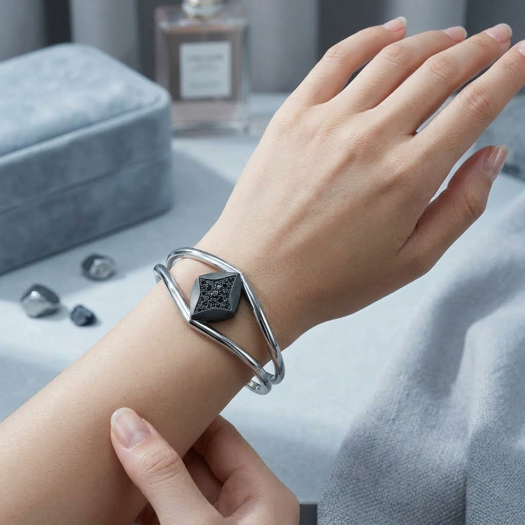 *MDvbbk Women’s Silver-Tone Geometric Open Cuff Bracelet with Black Pavé Detail*