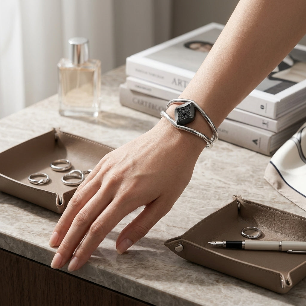 *MDvbbk Women’s Silver-Tone Geometric Open Cuff Bracelet with Black Pavé Detail*