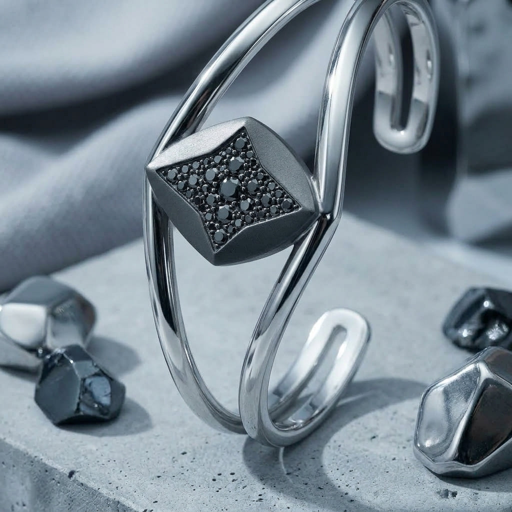 *MDvbbk Women’s Silver-Tone Geometric Open Cuff Bracelet with Black Pavé Detail*