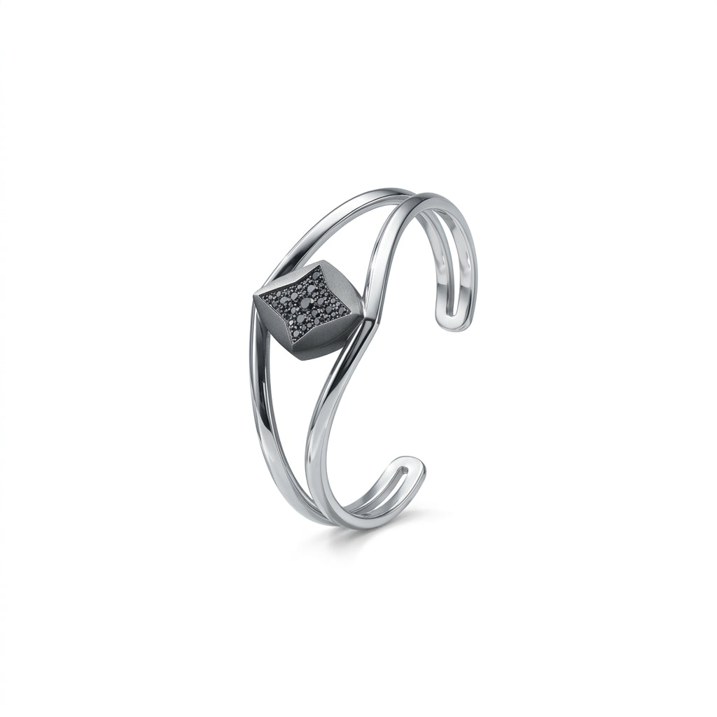 *MDvbbk Women’s Silver-Tone Geometric Open Cuff Bracelet with Black Pavé Detail*