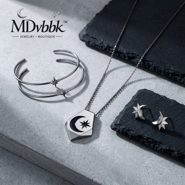 *MDvbbk Silver-Tone Crescent Moon & Star Jewelry Set for Women, Pendant Necklace, Open Cuff Bracelets and Star Stud Earrings*