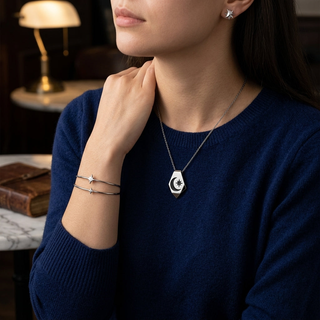 *MDvbbk Silver-Tone Crescent Moon & Star Jewelry Set for Women, Pendant Necklace, Open Cuff Bracelets and Star Stud Earrings*