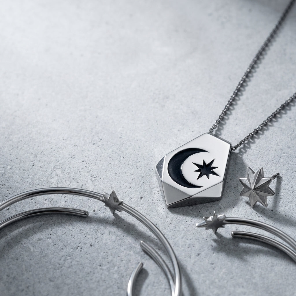 *MDvbbk Silver-Tone Crescent Moon & Star Jewelry Set for Women, Pendant Necklace, Open Cuff Bracelets and Star Stud Earrings*
