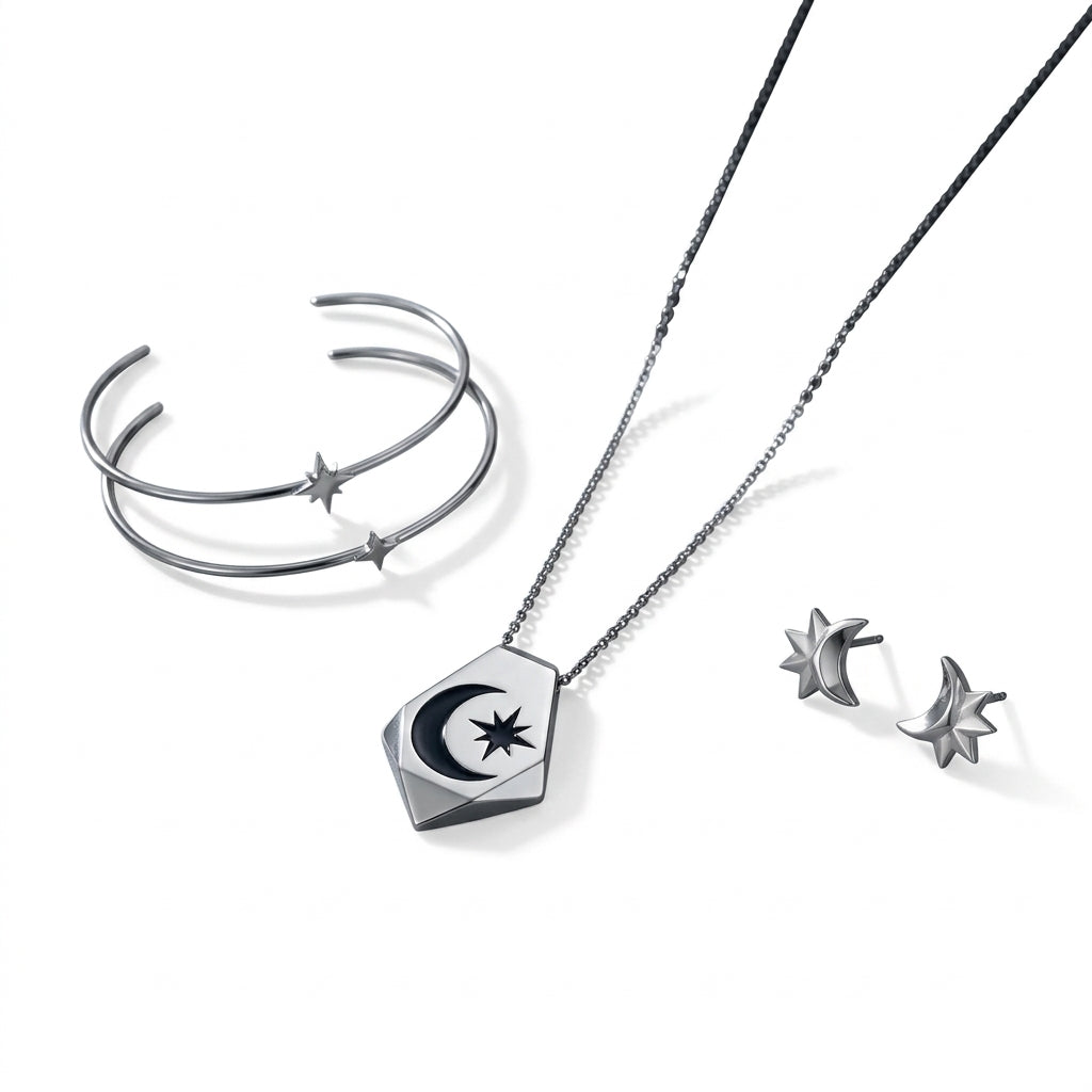 *MDvbbk Silver-Tone Crescent Moon & Star Jewelry Set for Women, Pendant Necklace, Open Cuff Bracelets and Star Stud Earrings*