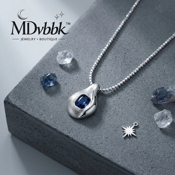 MDvbbk Silver-Tone Blue Stone Pendant Necklace for Women, Modern Teardrop Statement Jewelry*