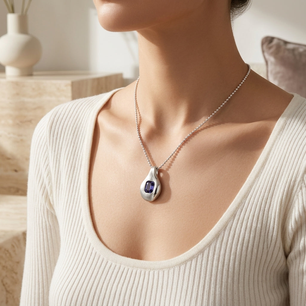 MDvbbk Silver-Tone Blue Stone Pendant Necklace for Women, Modern Teardrop Statement Jewelry*