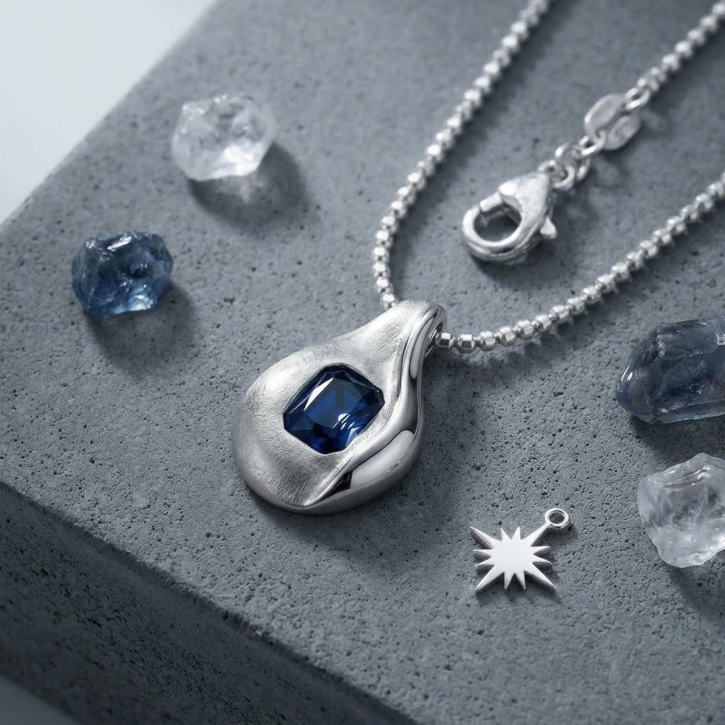 MDvbbk Silver-Tone Blue Stone Pendant Necklace for Women, Modern Teardrop Statement Jewelry*