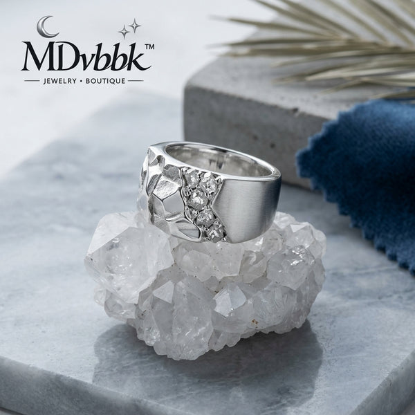 *MDvbbk Silver-Tone Geometric Textured Statement Ring for Men*