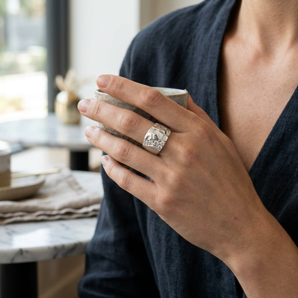 *MDvbbk Silver-Tone Geometric Textured Statement Ring for Men*
