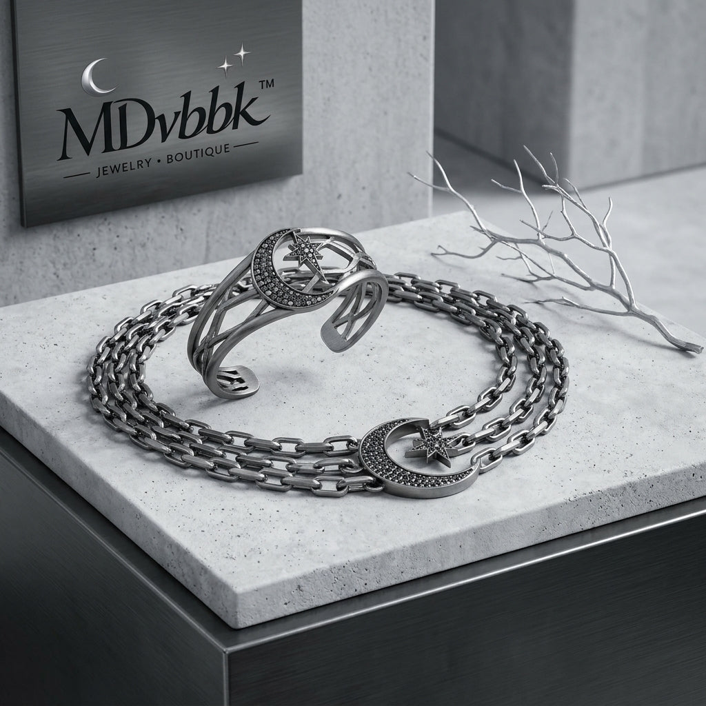 *MDvbbk Men’s Silver-Tone Crescent Moon & Star Chain Necklace and Open Cuff Bracelet Set*