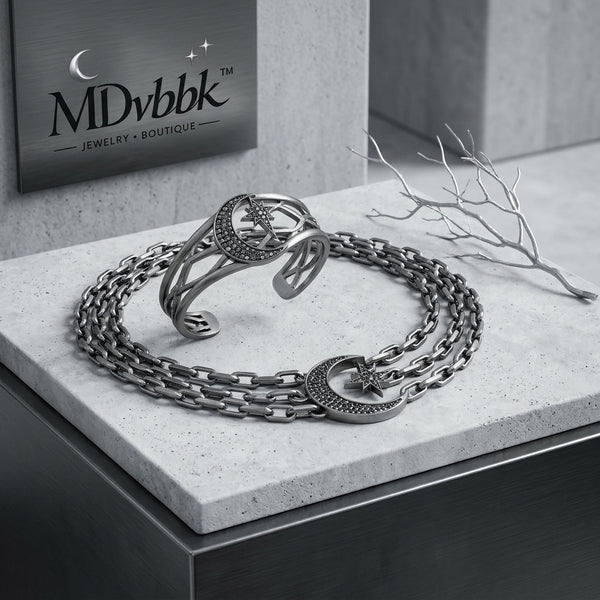 *MDvbbk Men’s Silver-Tone Crescent Moon & Star Chain Necklace and Open Cuff Bracelet Set*