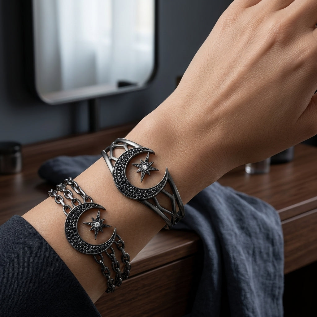 *MDvbbk Men’s Silver-Tone Crescent Moon & Star Chain Necklace and Open Cuff Bracelet Set*
