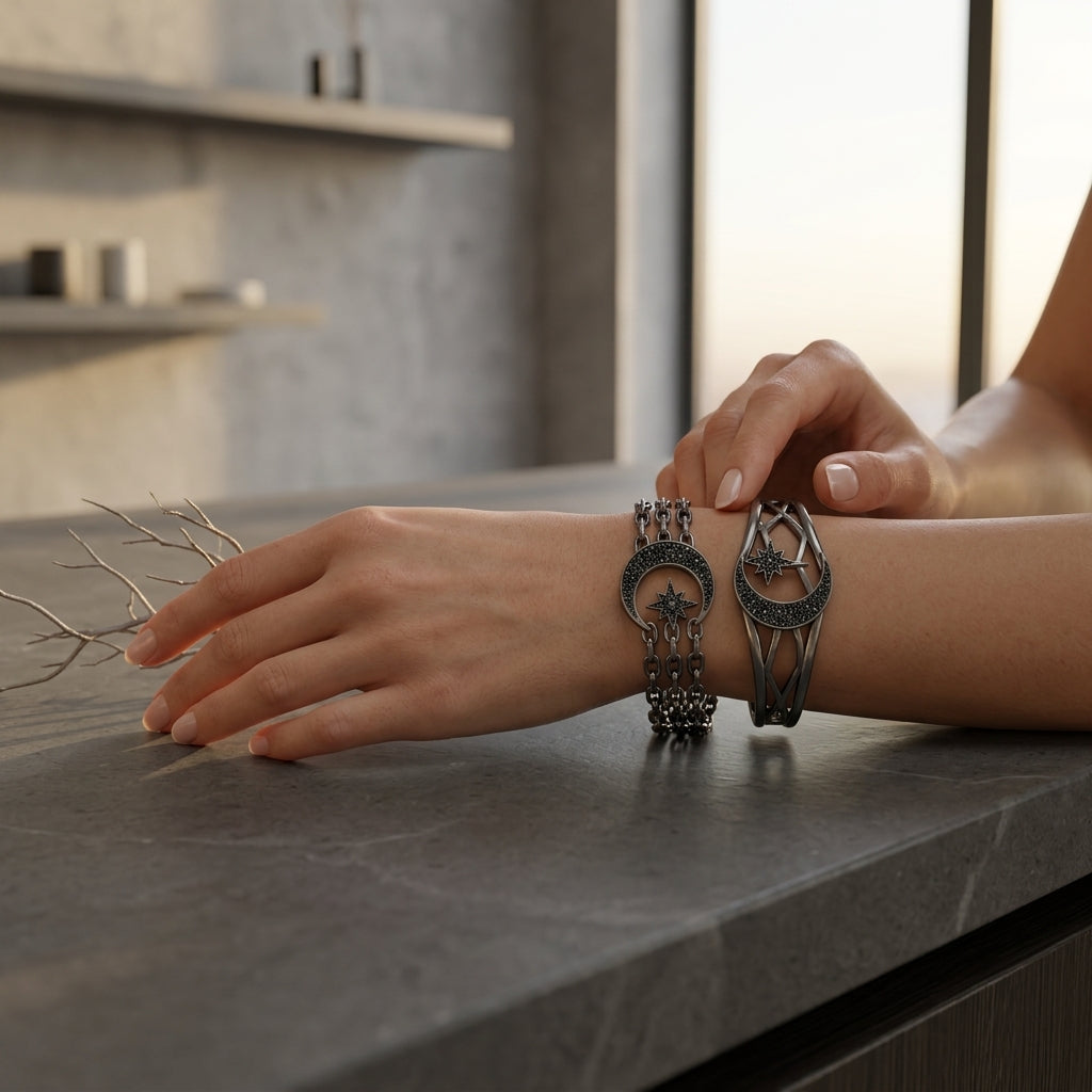*MDvbbk Men’s Silver-Tone Crescent Moon & Star Chain Necklace and Open Cuff Bracelet Set*