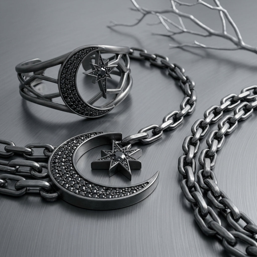 *MDvbbk Men’s Silver-Tone Crescent Moon & Star Chain Necklace and Open Cuff Bracelet Set*