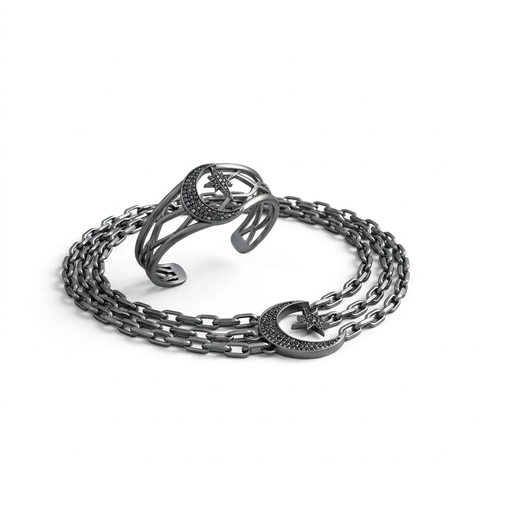 *MDvbbk Men’s Silver-Tone Crescent Moon & Star Chain Necklace and Open Cuff Bracelet Set*