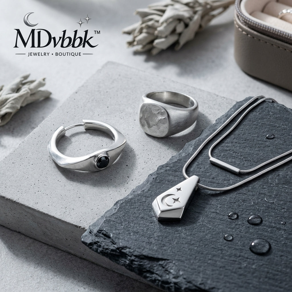 *MDvbbk Silver-Tone Geometric Jewelry Collection – Crescent Pendant Necklace, Statement Ring & Open Hoop Earring*