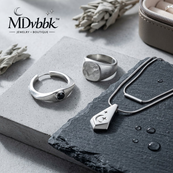 *MDvbbk Silver-Tone Geometric Jewelry Collection – Crescent Pendant Necklace, Statement Ring & Open Hoop Earring*
