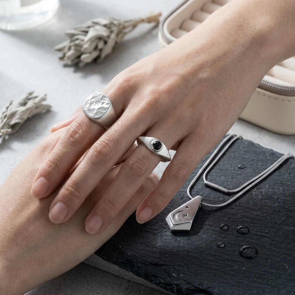*MDvbbk Silver-Tone Geometric Jewelry Collection – Crescent Pendant Necklace, Statement Ring & Open Hoop Earring*
