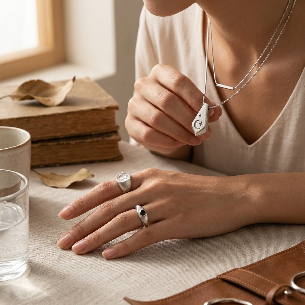 *MDvbbk Silver-Tone Geometric Jewelry Collection – Crescent Pendant Necklace, Statement Ring & Open Hoop Earring*