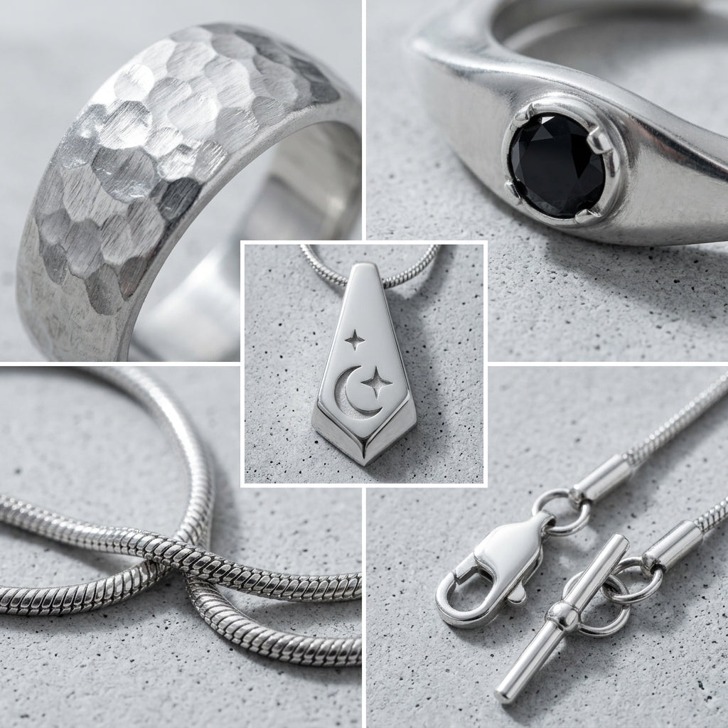*MDvbbk Silver-Tone Geometric Jewelry Collection – Crescent Pendant Necklace, Statement Ring & Open Hoop Earring*