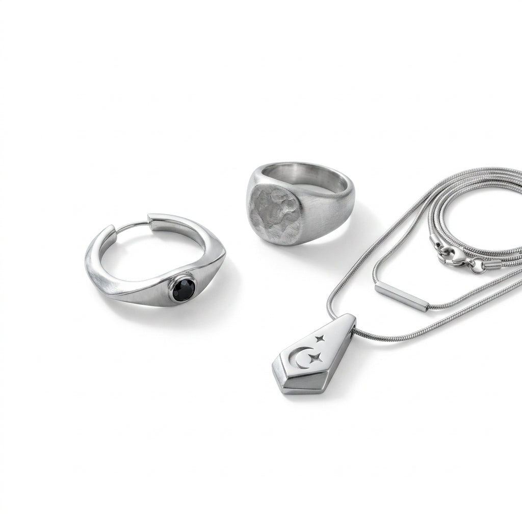 *MDvbbk Silver-Tone Geometric Jewelry Collection – Crescent Pendant Necklace, Statement Ring & Open Hoop Earring*
