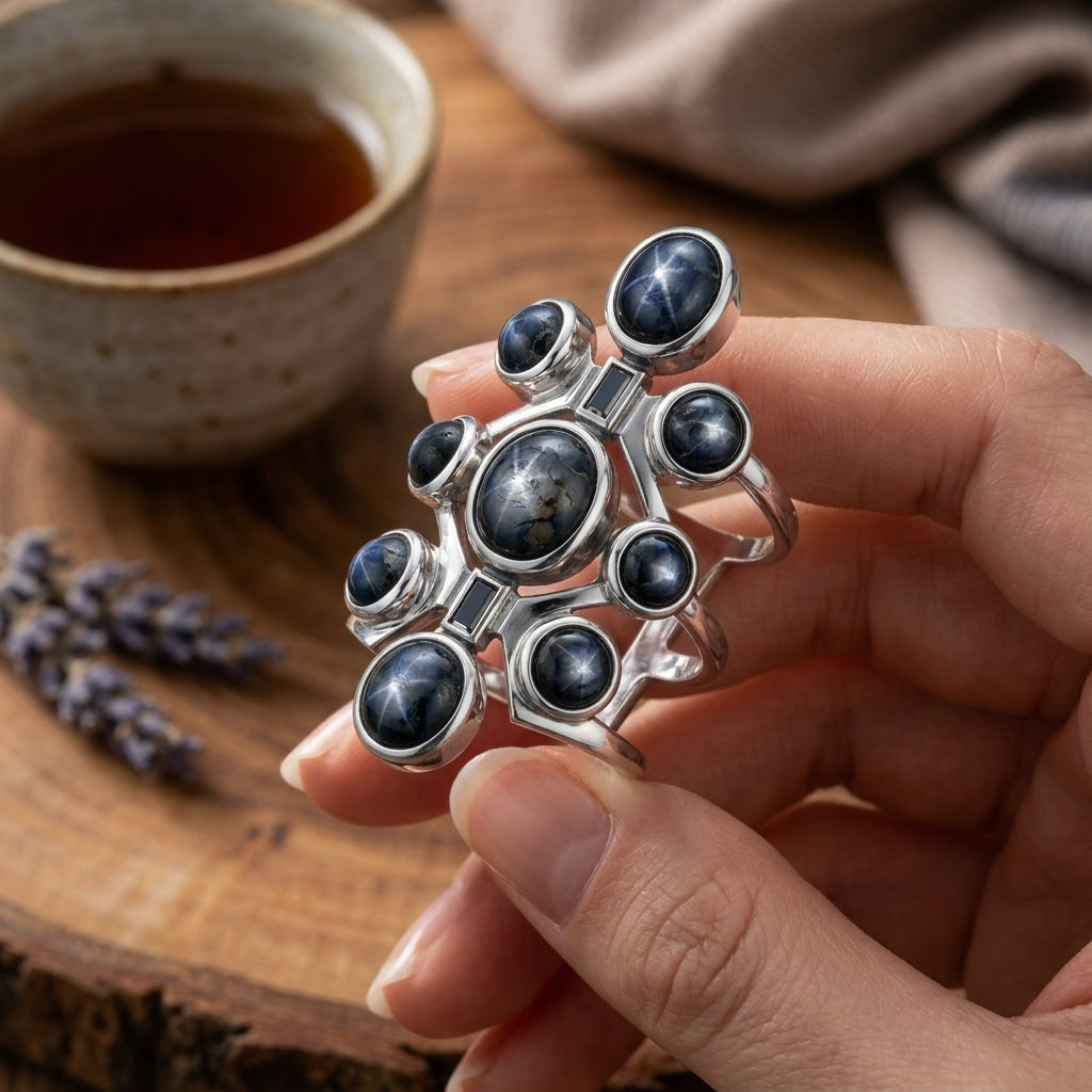 MDvbbk Silver-Tone Multi-Stone Statement Ring with Dark Cabochon Details
