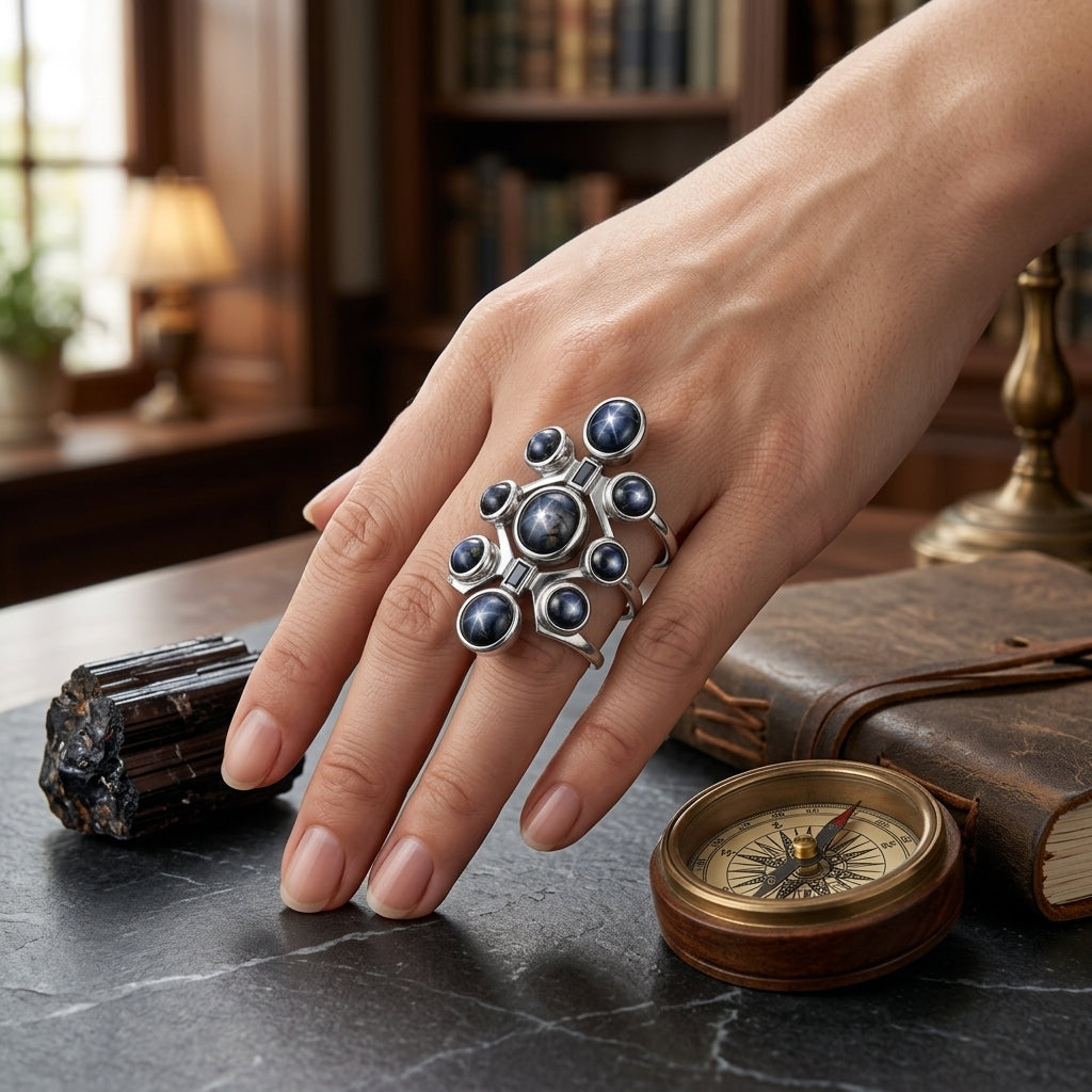 MDvbbk Silver-Tone Multi-Stone Statement Ring with Dark Cabochon Details