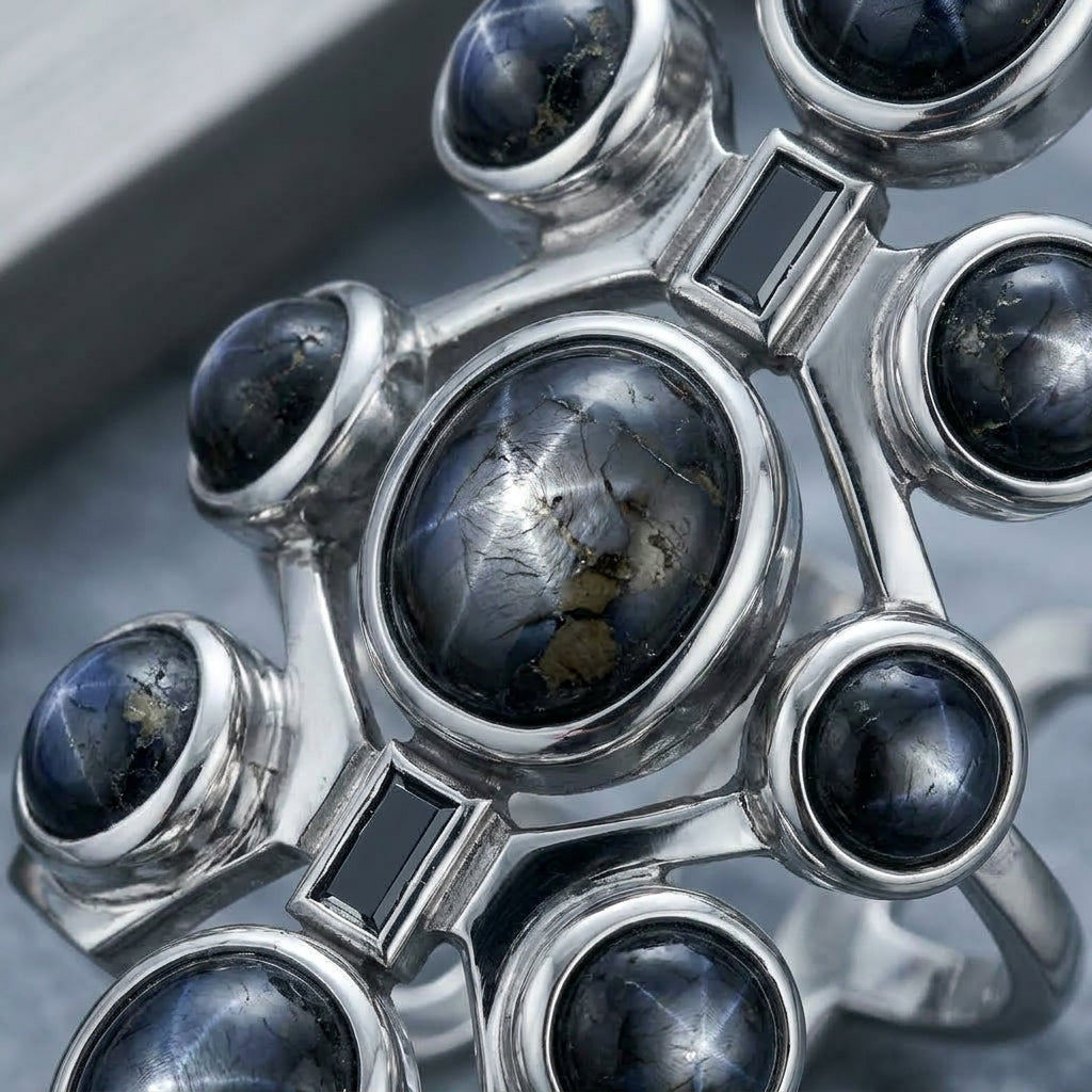MDvbbk Silver-Tone Multi-Stone Statement Ring with Dark Cabochon Details