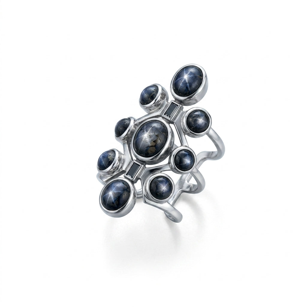 MDvbbk Silver-Tone Multi-Stone Statement Ring with Dark Cabochon Details