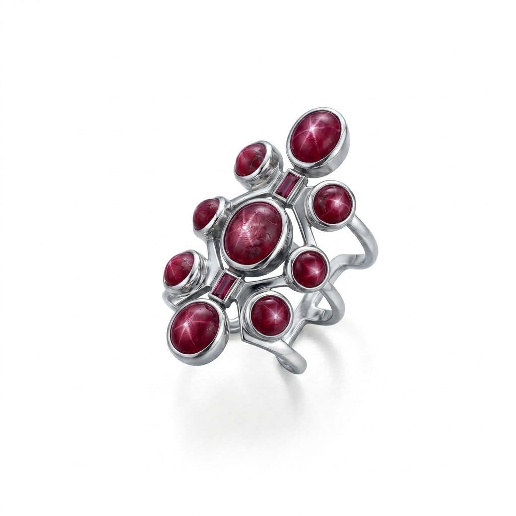MDvbbk Silver-Tone Multi-Stone Statement Ring with Dark Cabochon Details