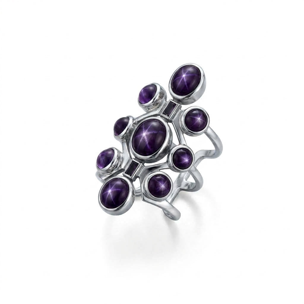 MDvbbk Silver-Tone Multi-Stone Statement Ring with Dark Cabochon Details