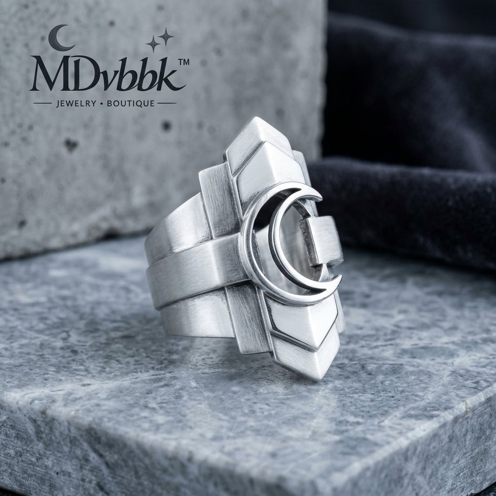 *MDvbbk Men’s Silver-Tone Geometric Crescent Ring*