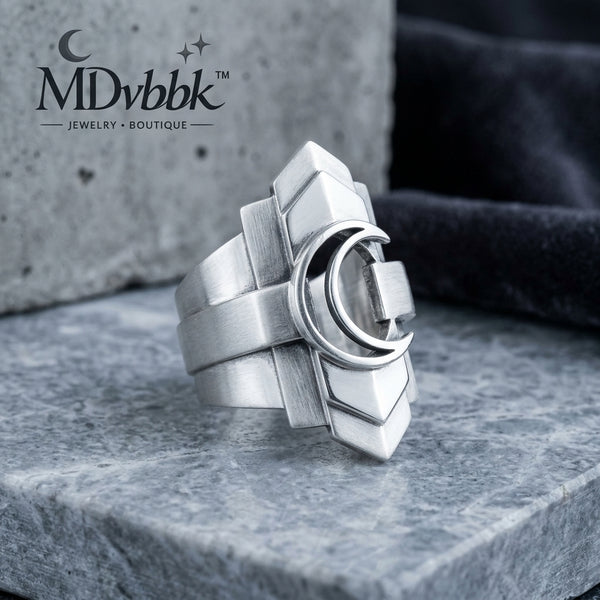 *MDvbbk Men’s Silver-Tone Geometric Crescent Ring*