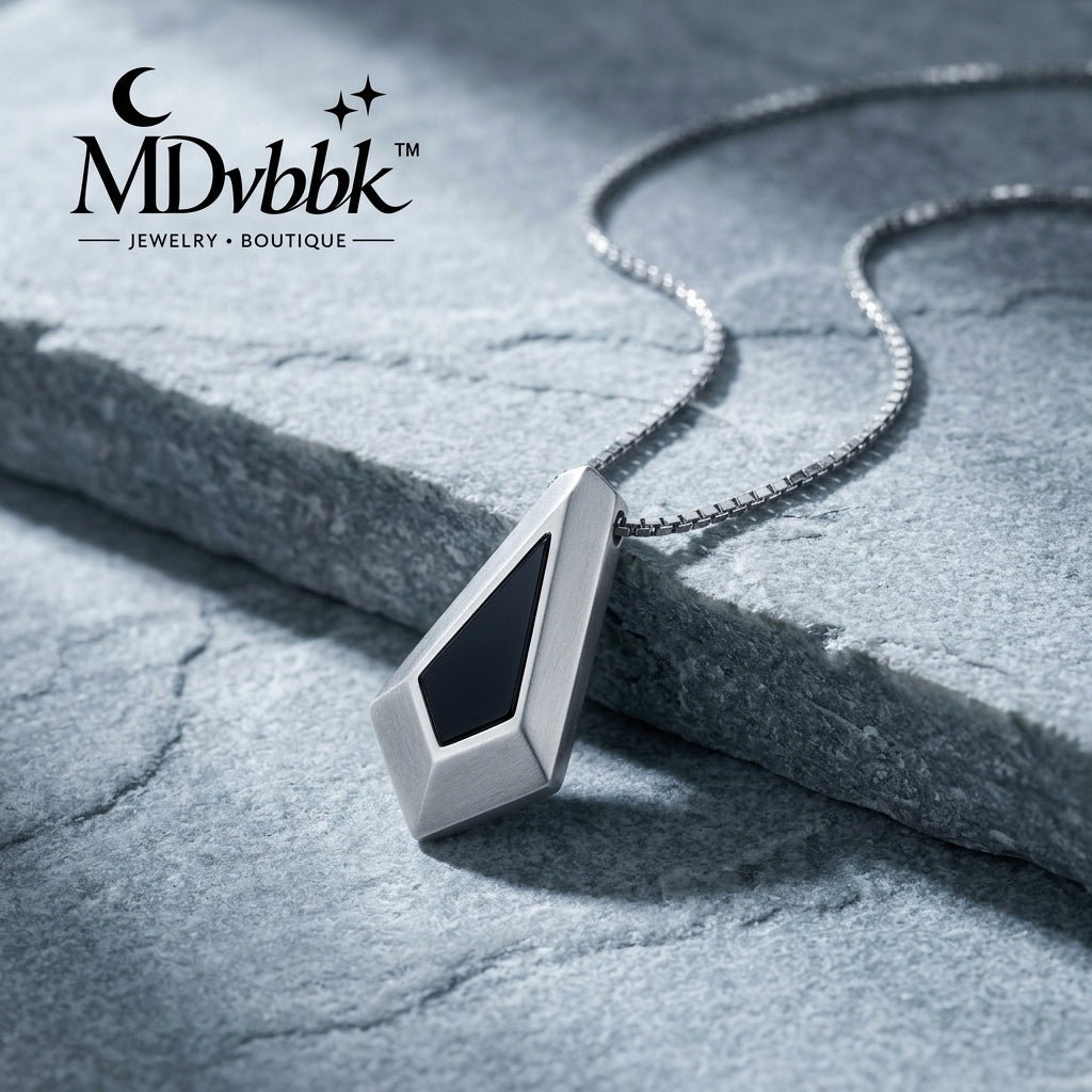 *MDvbbk Men’s Geometric Black Inlay Pendant Necklace with Box Chain*