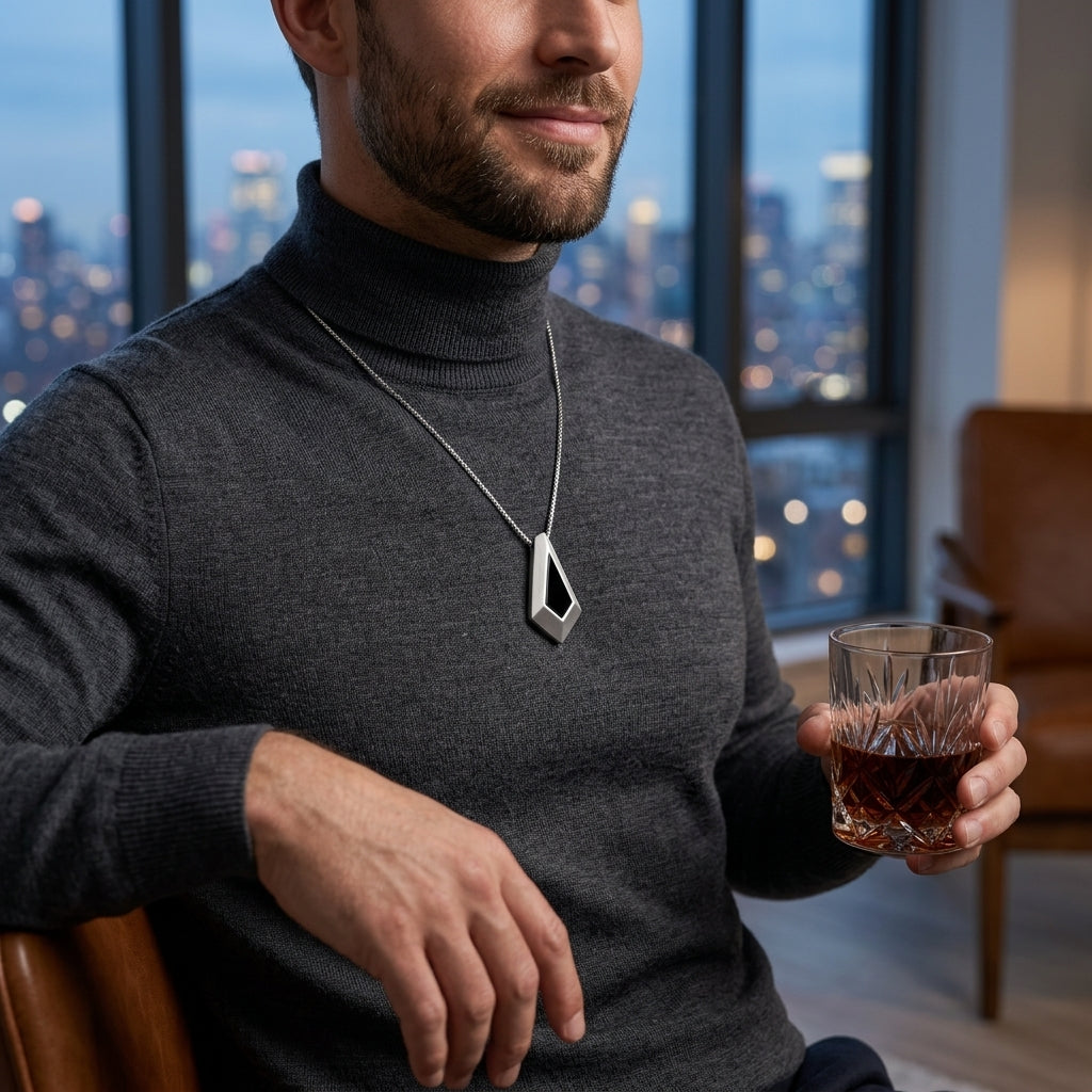 *MDvbbk Men’s Geometric Black Inlay Pendant Necklace with Box Chain*