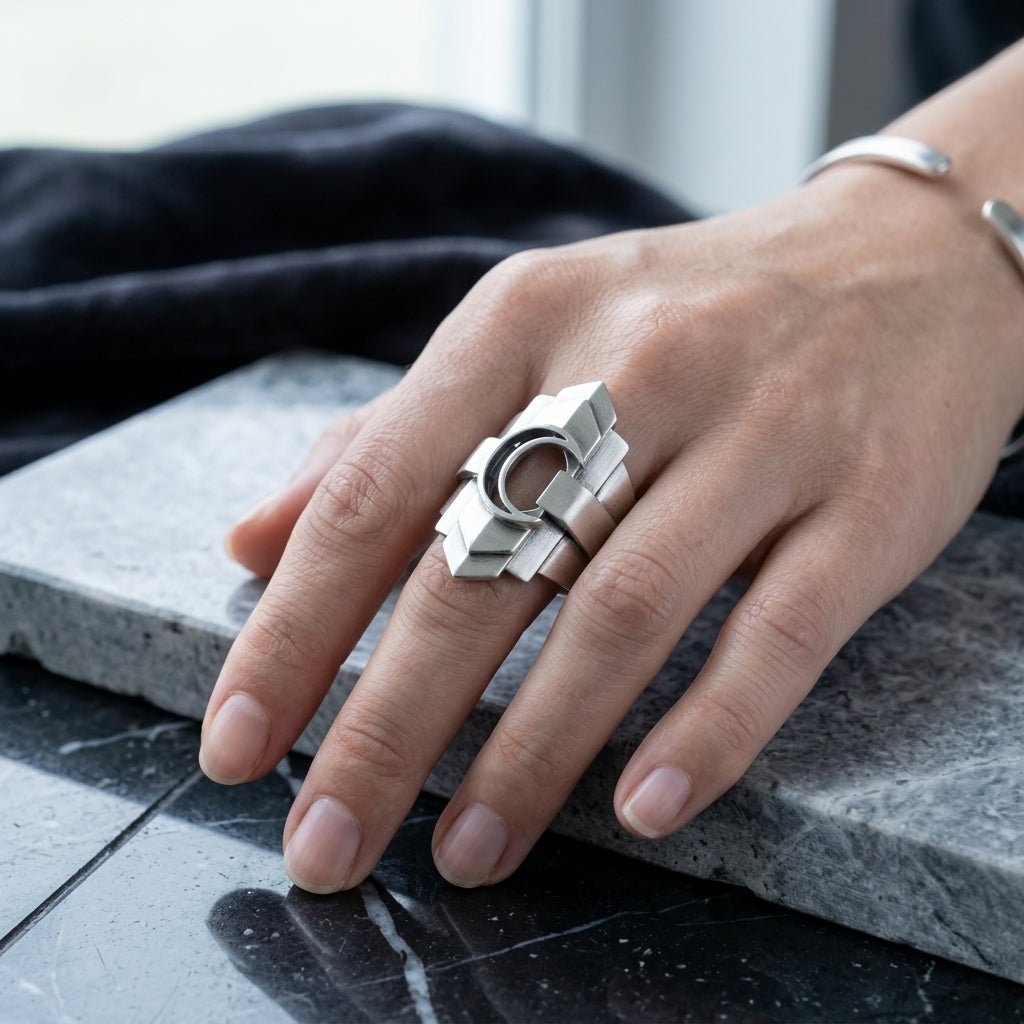 *MDvbbk Men’s Silver-Tone Geometric Crescent Ring*