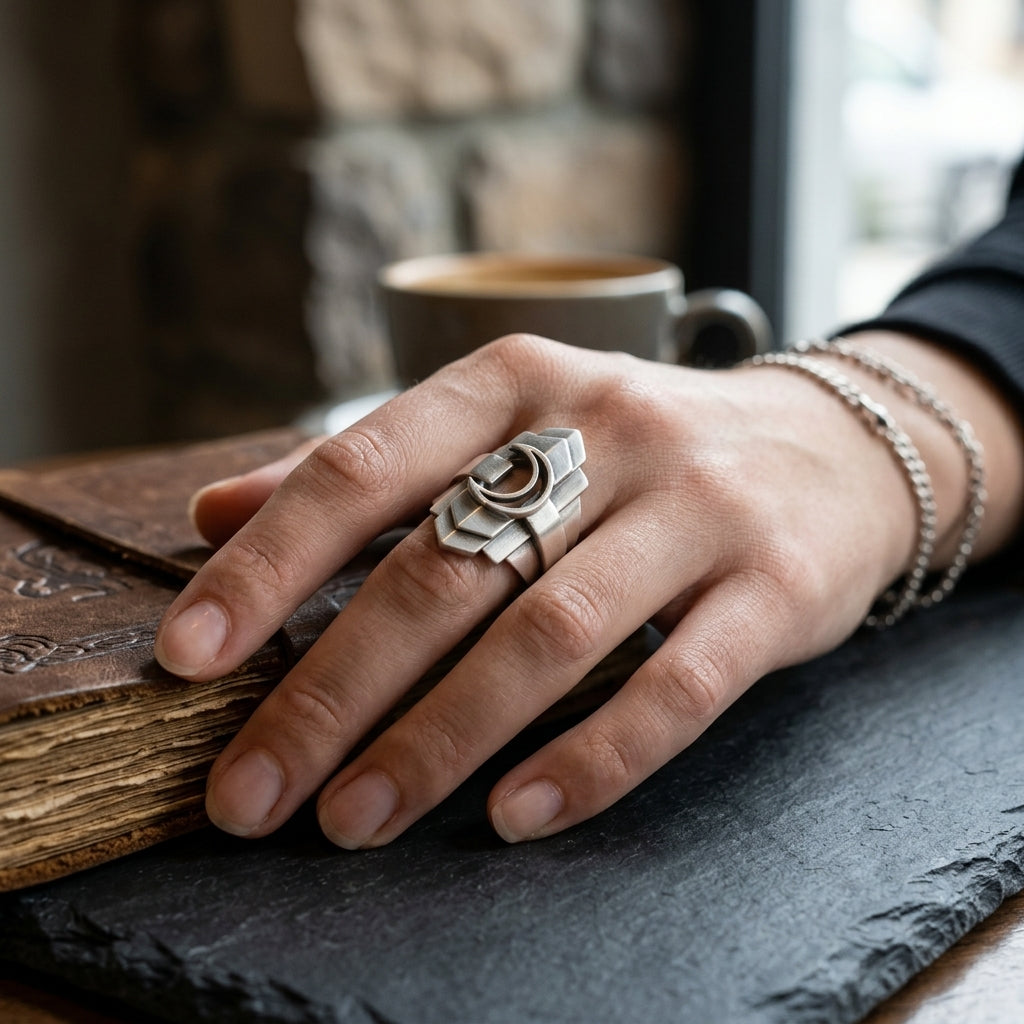 *MDvbbk Men’s Silver-Tone Geometric Crescent Ring*