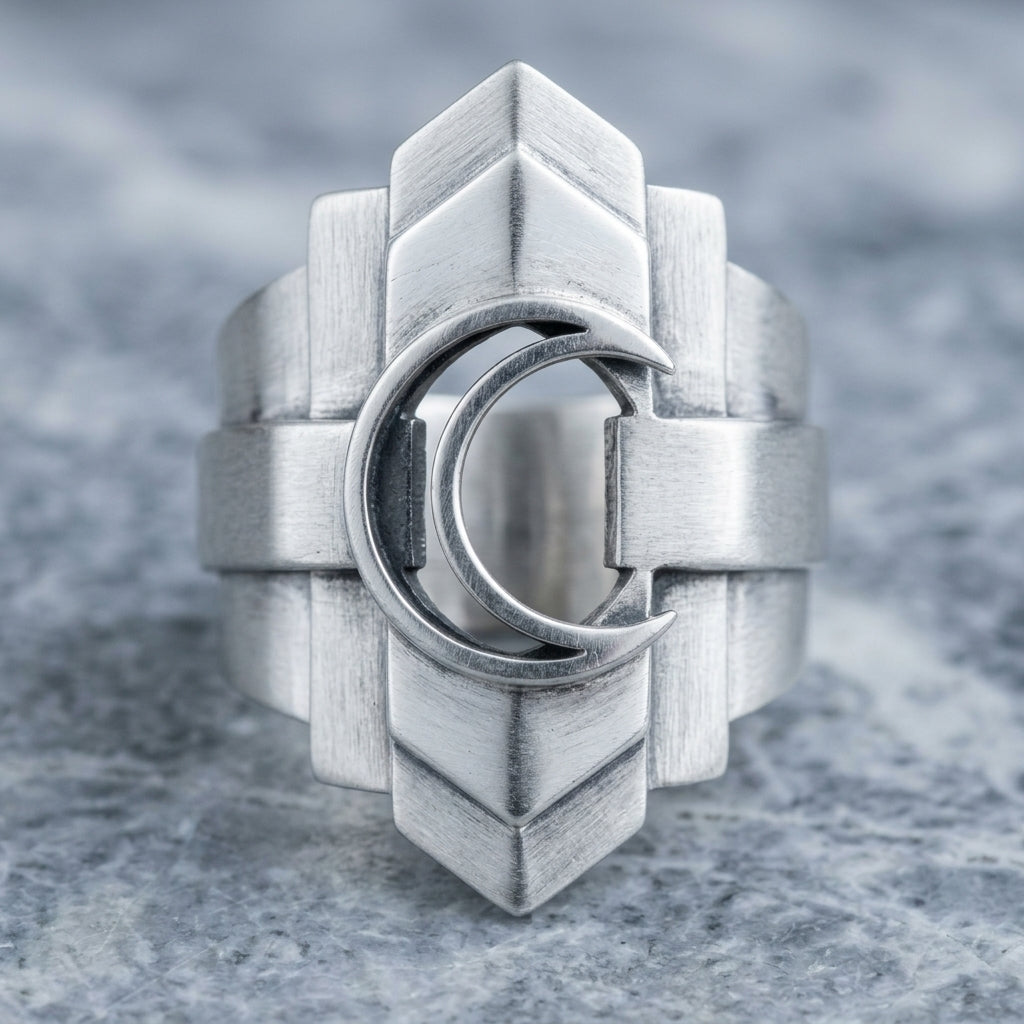 *MDvbbk Men’s Silver-Tone Geometric Crescent Ring*