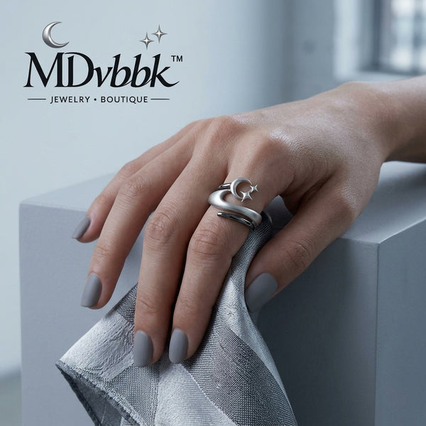 MDvbbk Crescent Moon & Star Open Ring, Adjustable Silver-Tone Statement Ring for Women