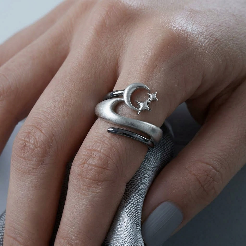 MDvbbk Crescent Moon & Star Open Ring, Adjustable Silver-Tone Statement Ring for Women