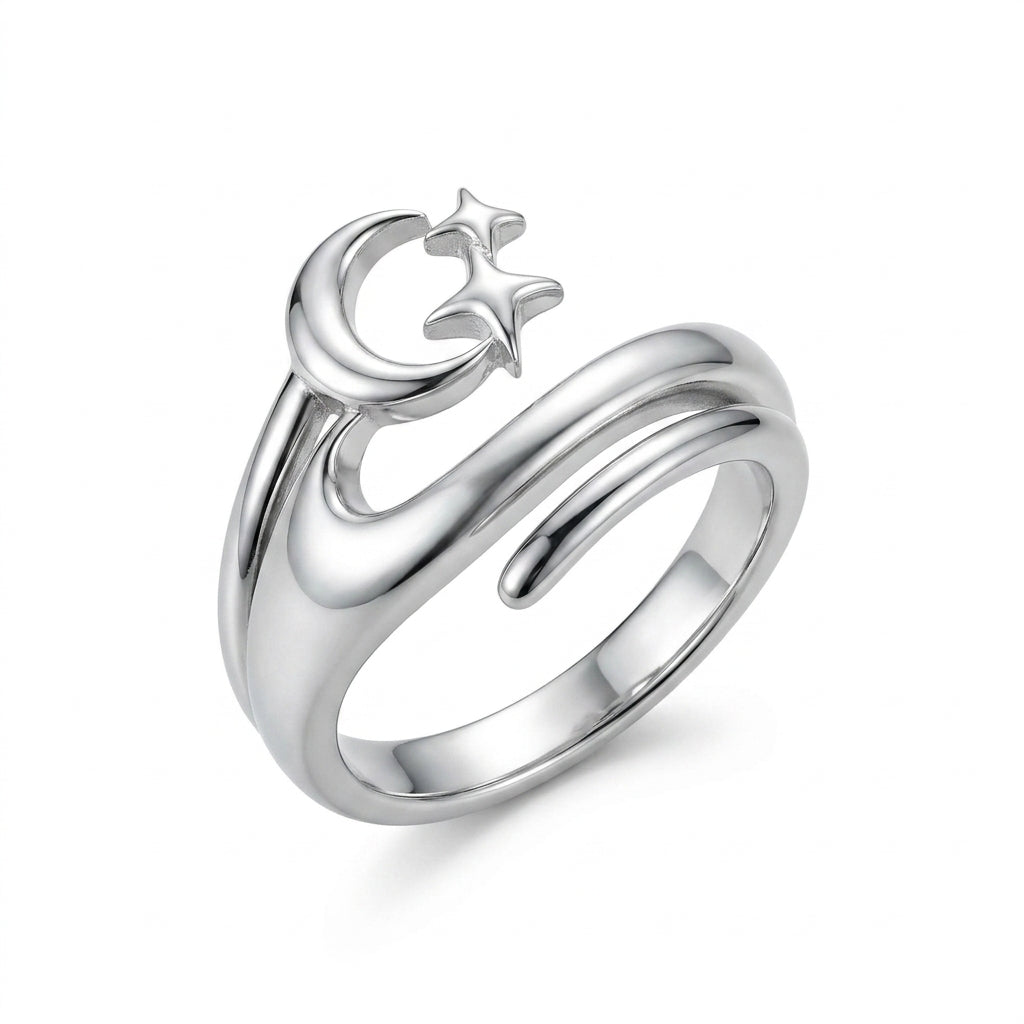 MDvbbk Crescent Moon & Star Open Ring, Adjustable Silver-Tone Statement Ring for Women